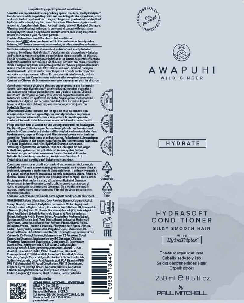 Awapuhi Wild Ginger by Paul Mitchell Hydrasoft Conditioner, for Silky Smooth Hair, Ideal for All Hair Types, Especially Dry + Frizzy Hair