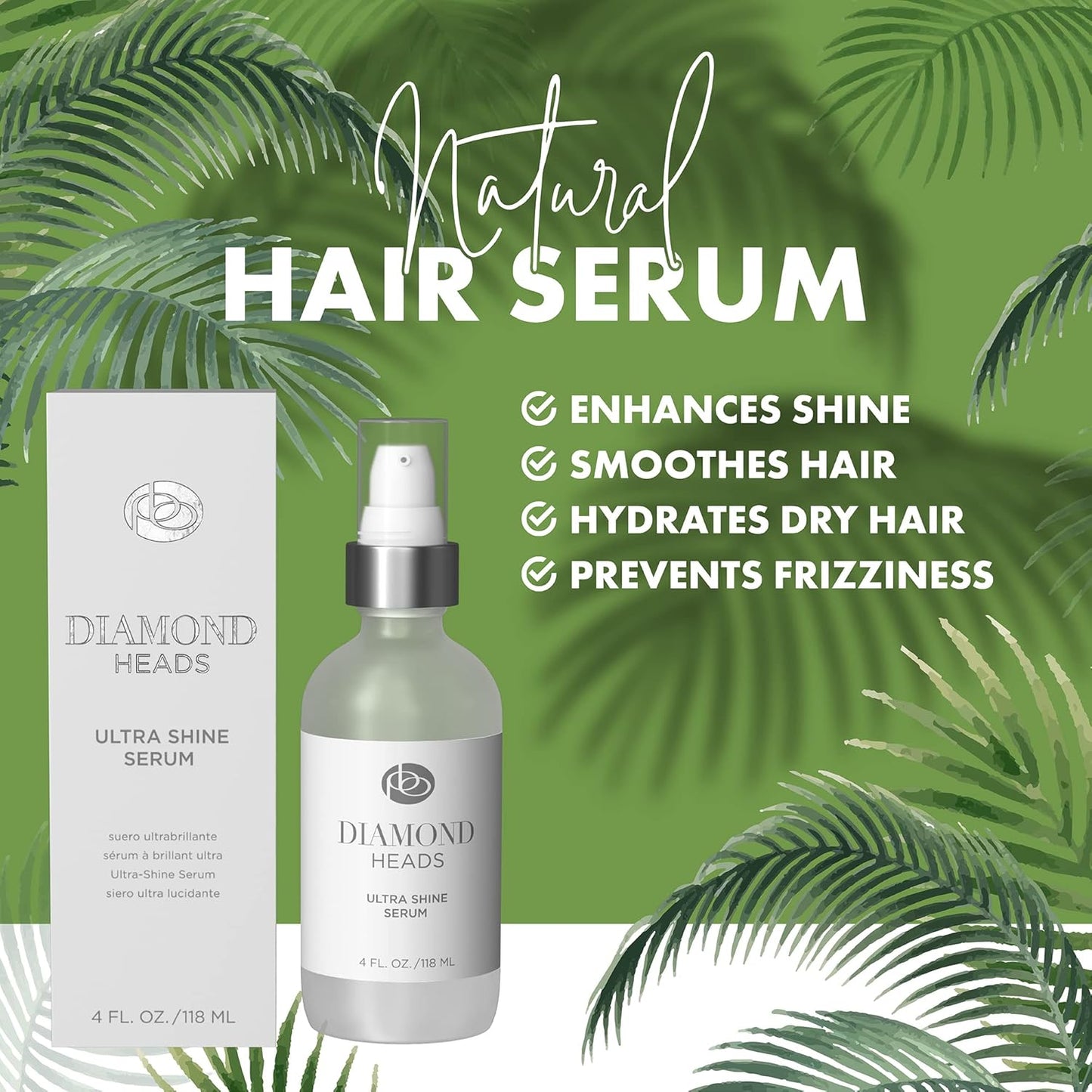 Diamond Heads Ultra Shine Serum - Anti-Frizz Hair Shine Serum Styling Product - Natural Botanical & Fruit Extracts Add Luster - Smooths Natural, Color Treated Hair & Perms