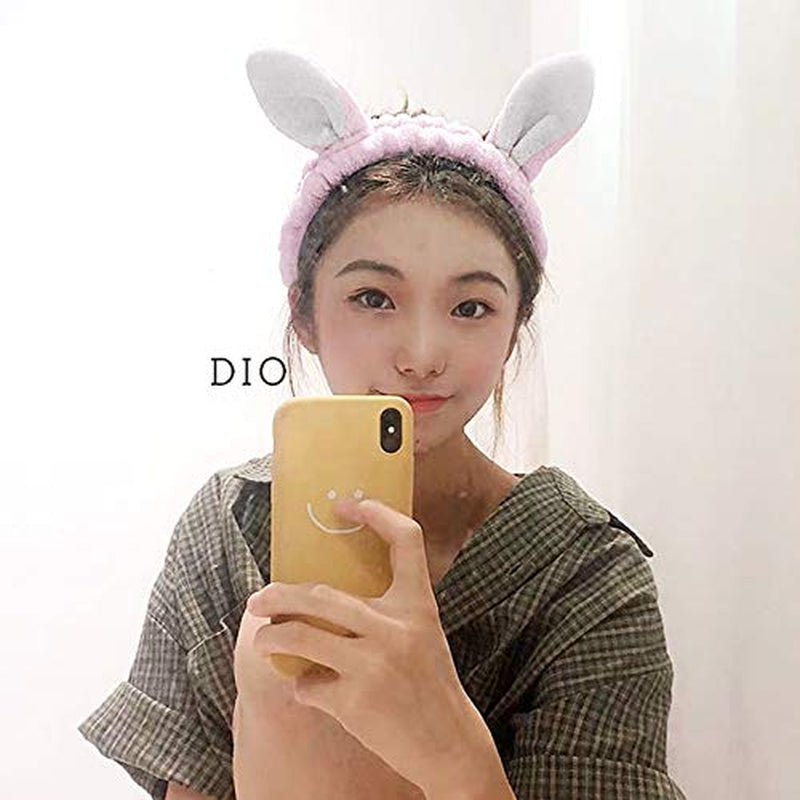Bunny Ears Spa Headbands,Wash Headband, Cute Rabbit Ear Washing Face Hairlace, Short Plush Facial Head Wrap (Pink)