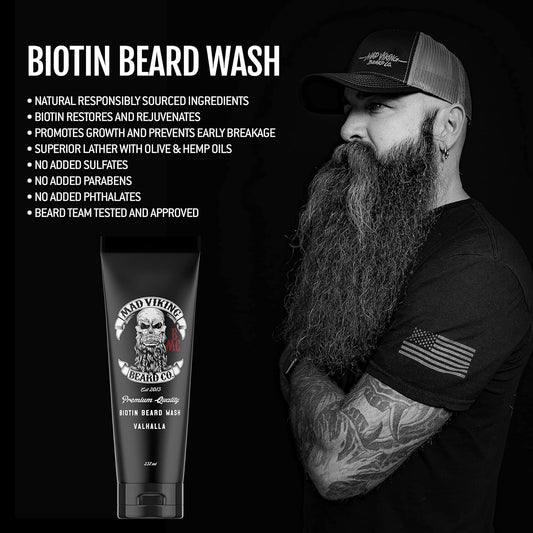 Mad Viking Valhalla Biotin Beard Wash – Deep Moisturizing Cleanse - Grow a Healthy Beard - Made with Premium Ingredients to Fight Itch and Dandruff - Sandalwood & Vanilla Scent, Made in the USA - 8Oz