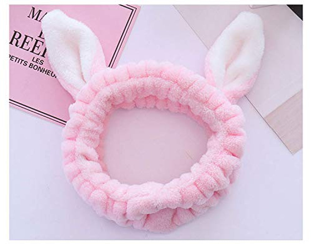 Bunny Ears Spa Headbands,Wash Headband, Cute Rabbit Ear Washing Face Hairlace, Short Plush Facial Head Wrap (Pink)