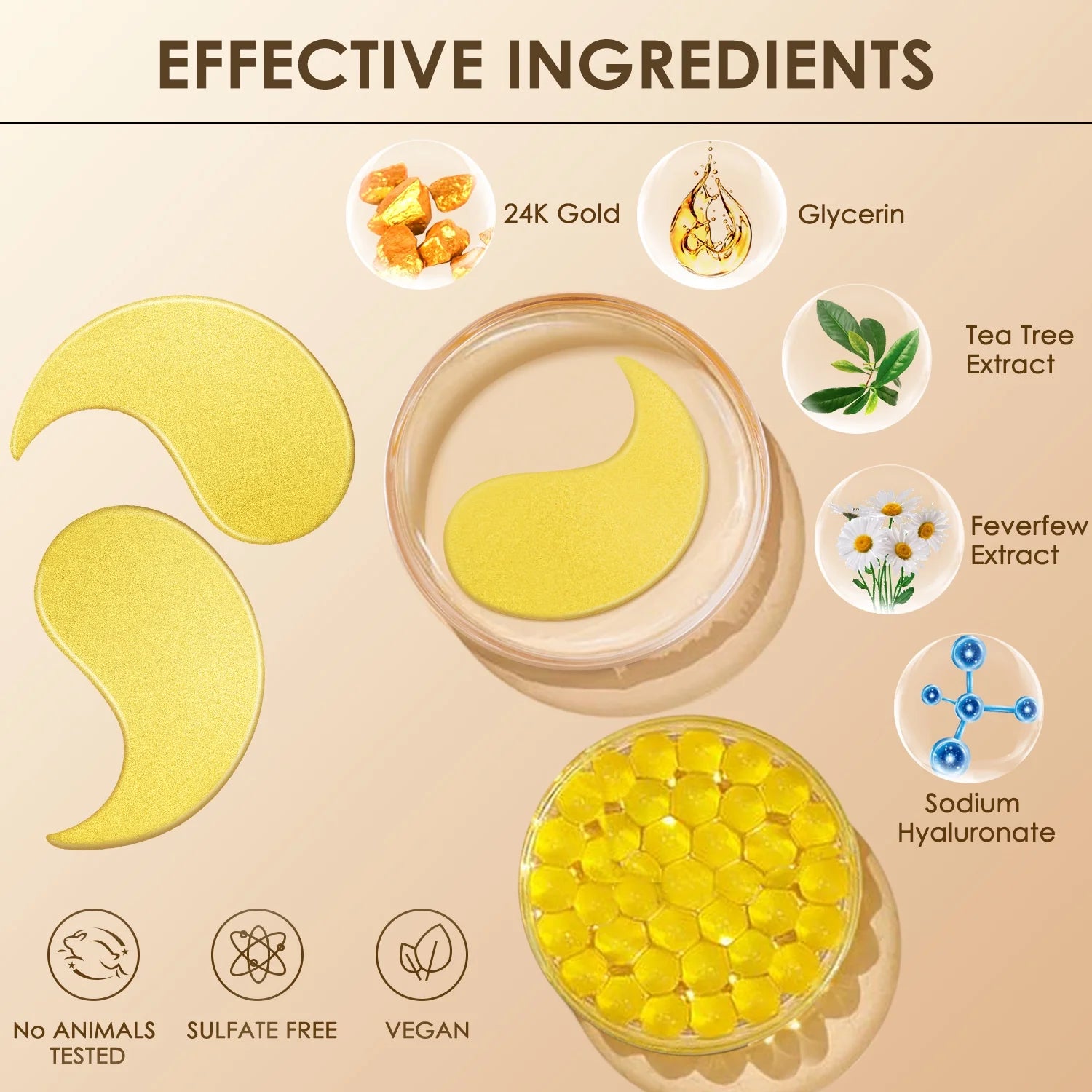 24K Gold Eye Mask Collagen Eye Mask Patches for Hydrating and Firming, Reduce Fine Line, Eye Bags, Wrinkles and Dark Circles-60Pcs