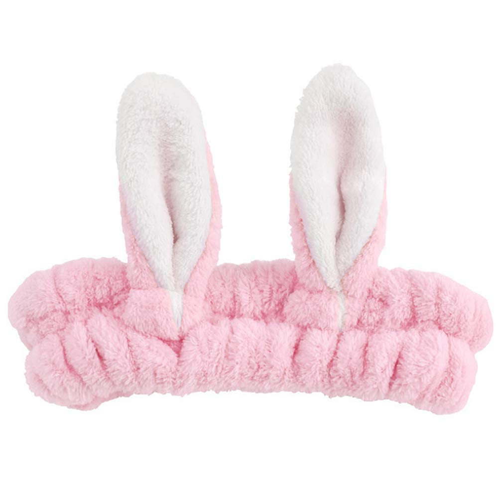 Bunny Ears Spa Headbands,Wash Headband, Cute Rabbit Ear Washing Face Hairlace, Short Plush Facial Head Wrap (Pink)
