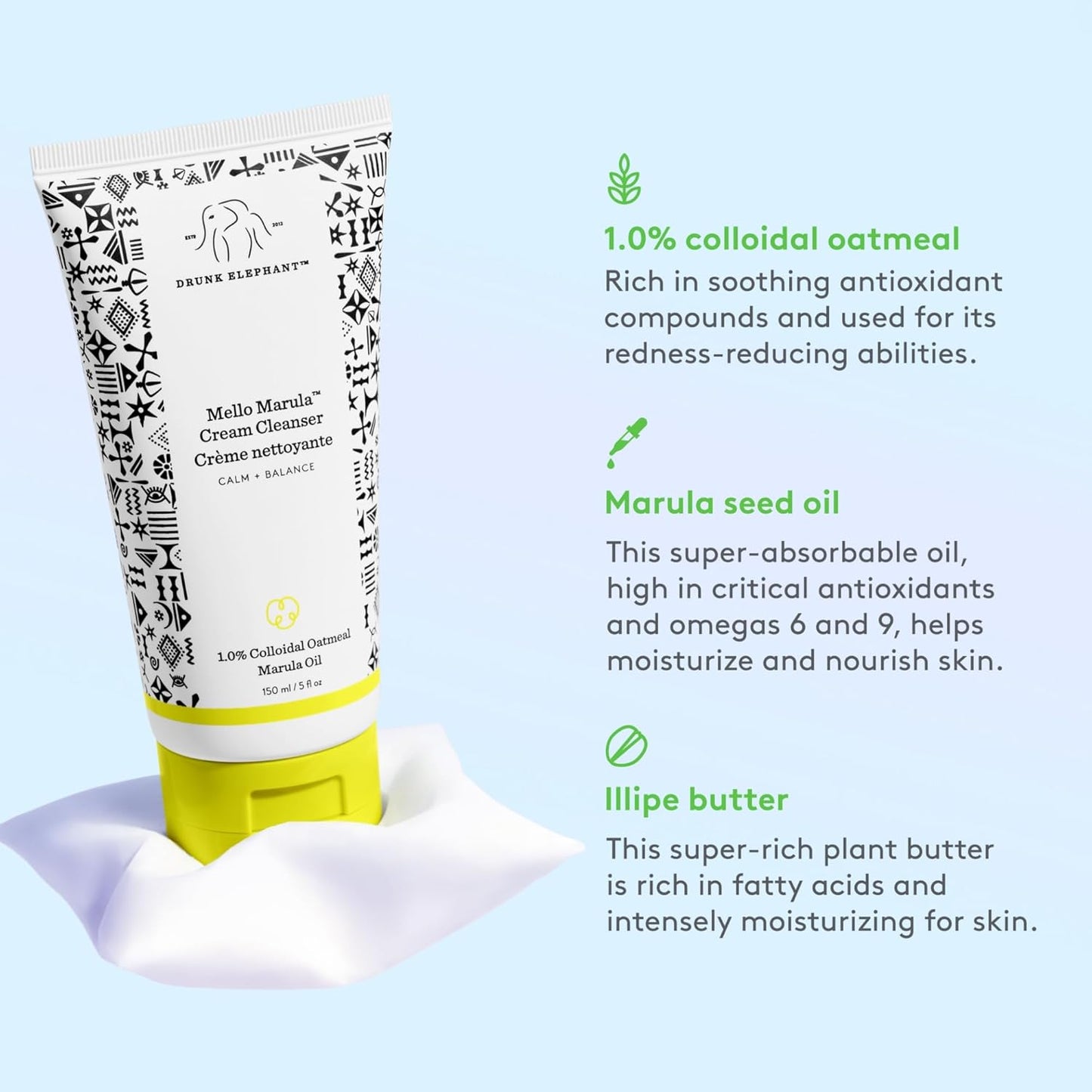Drunk Elephant Mello Marula Cream Cleanser - 150 ml/5 fl oz - Calming Face Wash - Clean Clinical Skincare - Cruelty-Free - Dermatologist-Tested - Free of Essential Oils, Silicones, and Fragrance