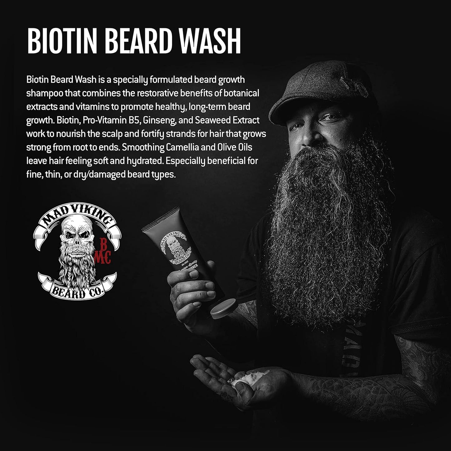 Mad Viking Valhalla Biotin Beard Wash – Deep Moisturizing Cleanse - Grow a Healthy Beard - Made with Premium Ingredients to Fight Itch and Dandruff - Sandalwood & Vanilla Scent, Made in the USA - 8Oz