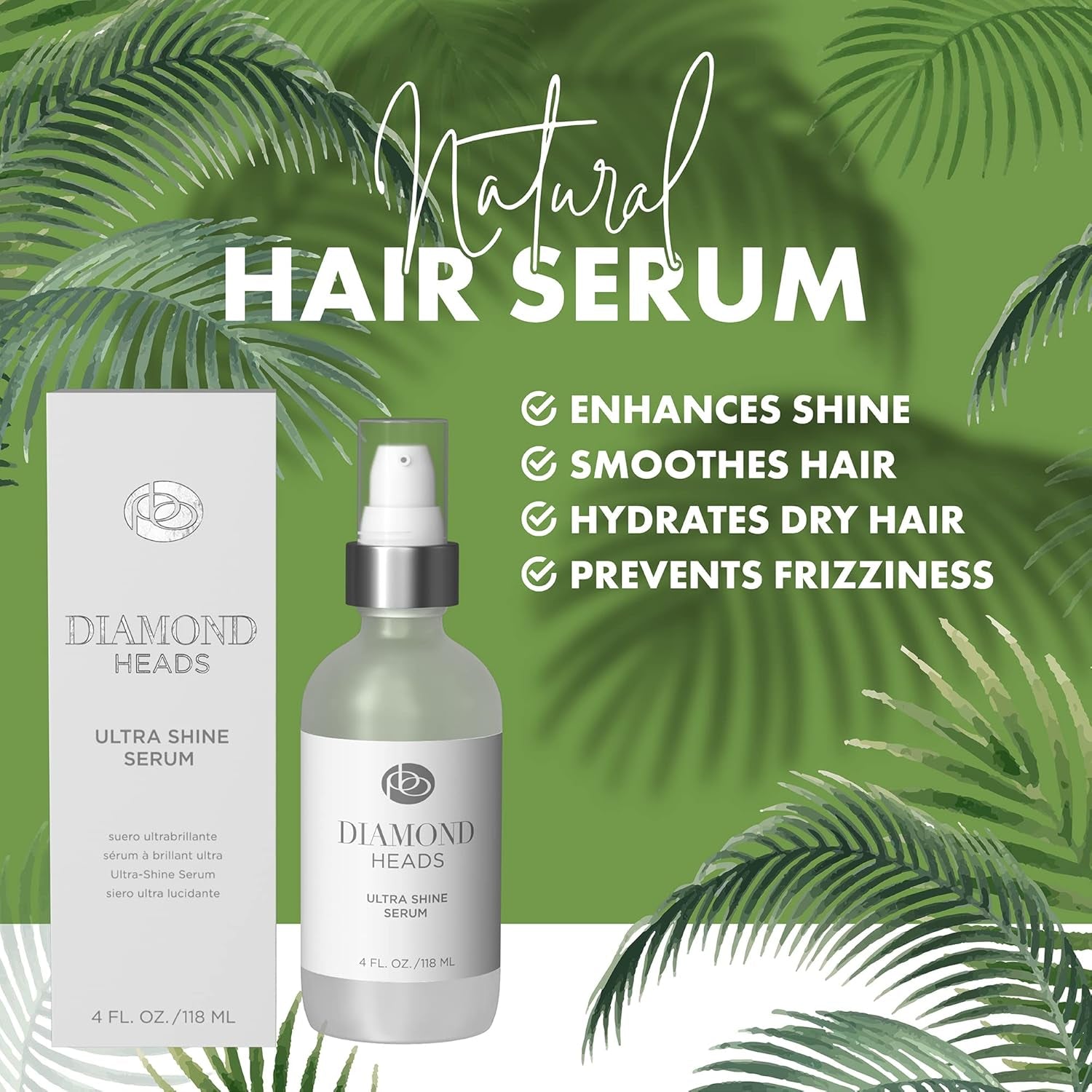 Diamond Heads Ultra Shine Serum - Anti-Frizz Hair Shine Serum Styling Product - Natural Botanical & Fruit Extracts Add Luster - Smooths Natural, Color Treated Hair & Perms