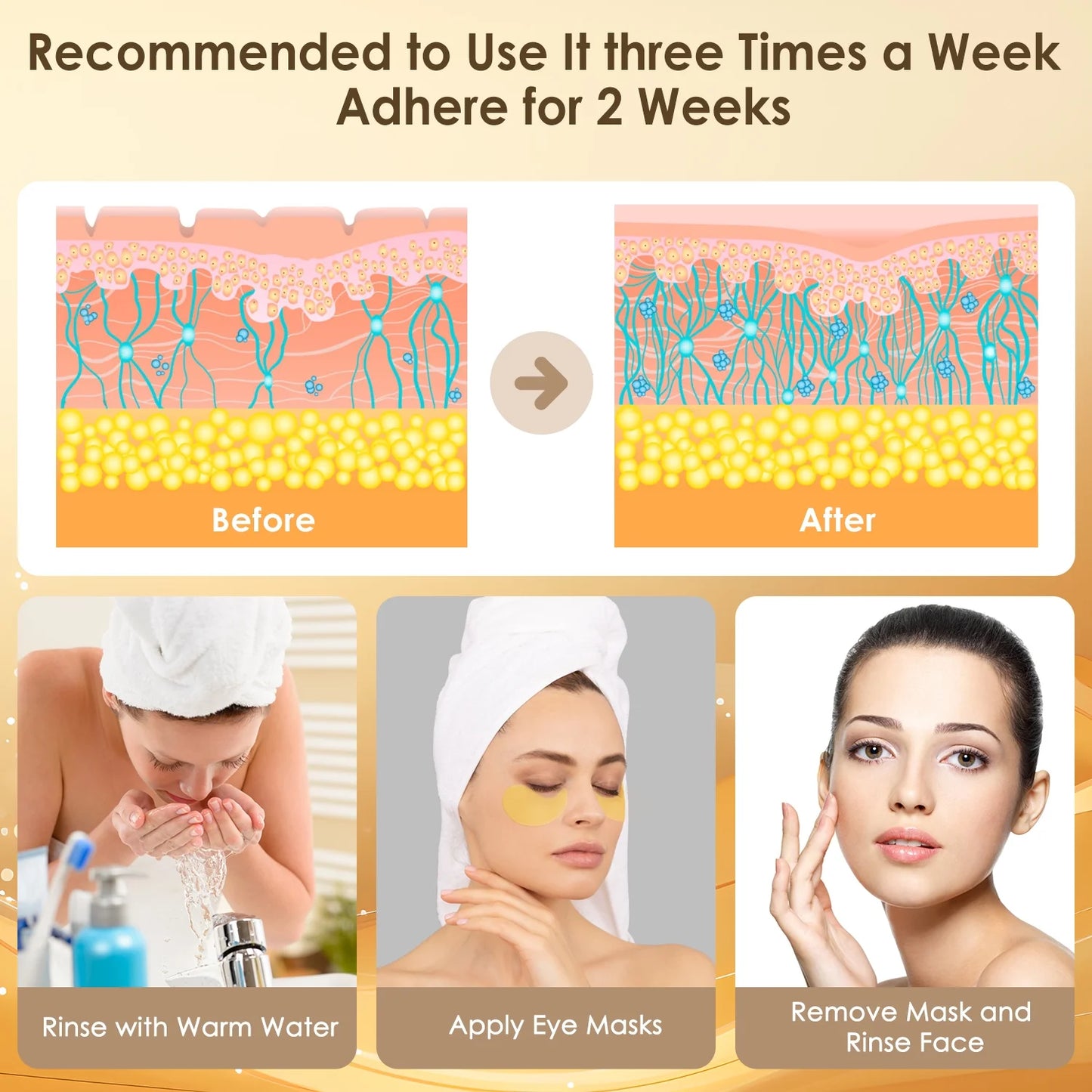 24K Gold Eye Mask Collagen Eye Mask Patches for Hydrating and Firming, Reduce Fine Line, Eye Bags, Wrinkles and Dark Circles-60Pcs